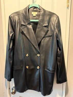 Anthropologie Black Double-Breasted Leather Blazer with Gold Buttons